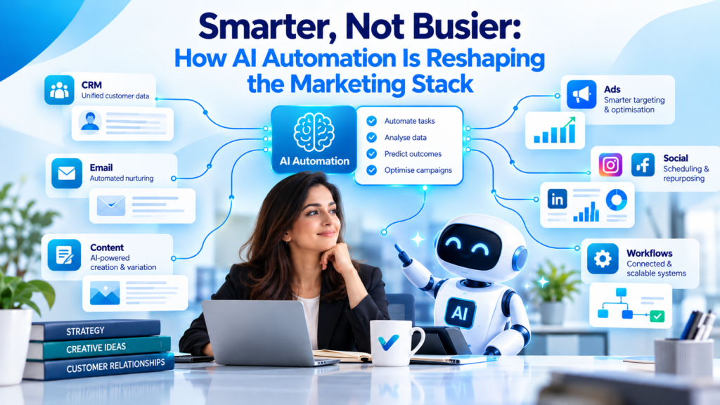 Connected martech stack with AI automation linking CRM, email, ads and analytics