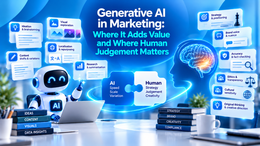 Marketer reviewing AI-generated content alongside human creative direction